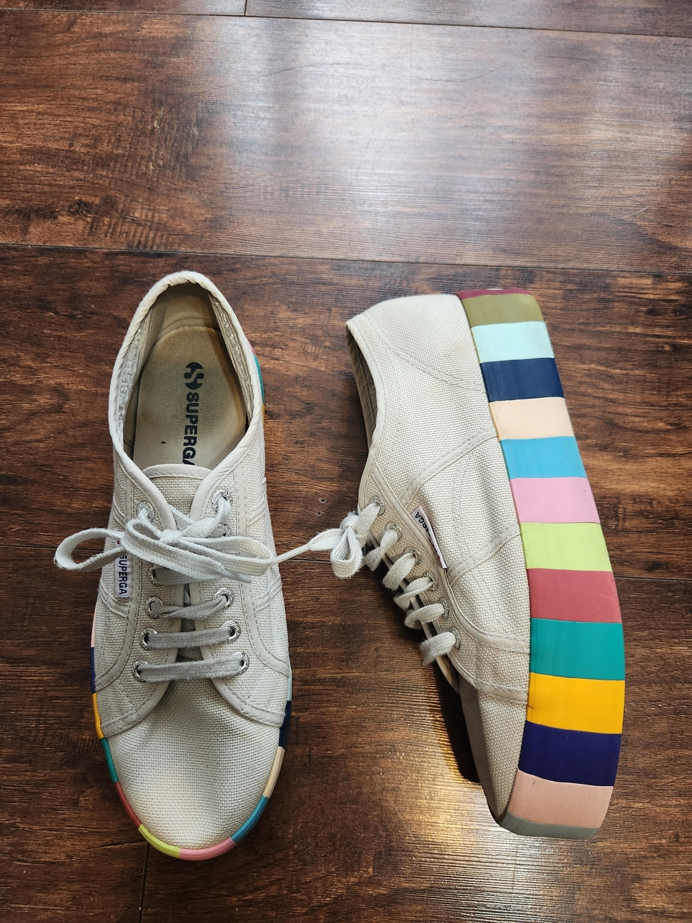 Superga 2790 Cream Canvas Platform Sneakers with Rainbow-Striped Sole